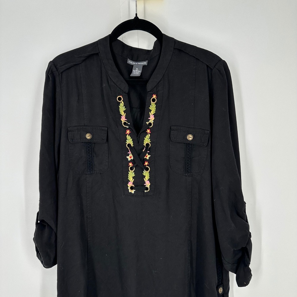 CHELSEA & THEODORE Black Embroidered Lace‎ Up Tunic Dress Size XL - Picture 3 of 10